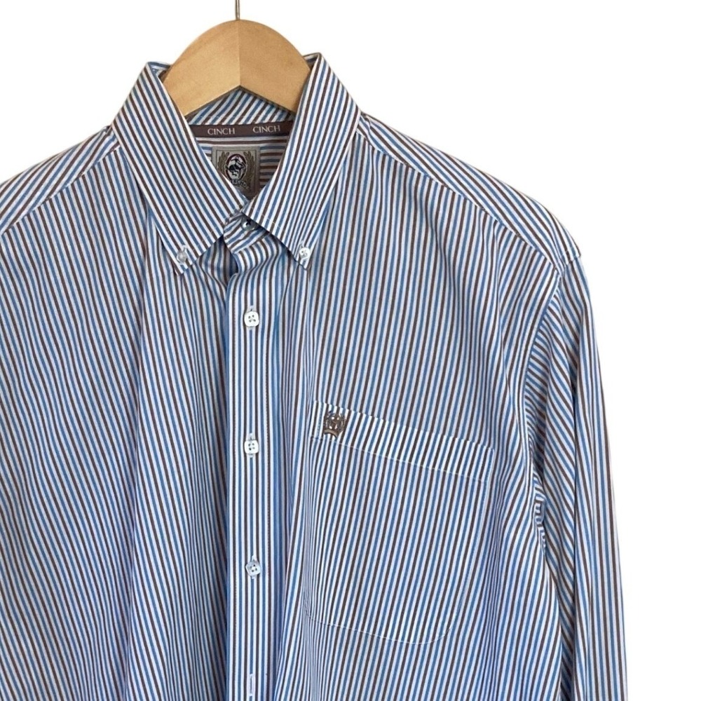 Cinch Button Down Western Shirt Mens M Blue Brown Striped Long Sleeve Preppy